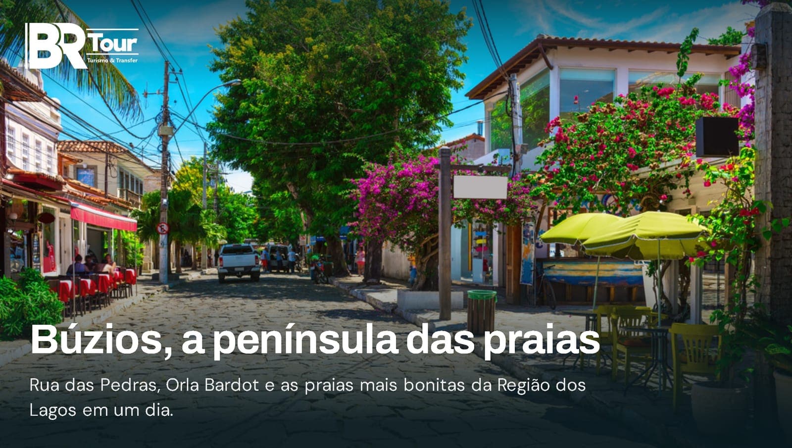 Colagem com a Rua das Pedras, a Orla Bardot e as praias de Geribá e Ferradura em Búzios