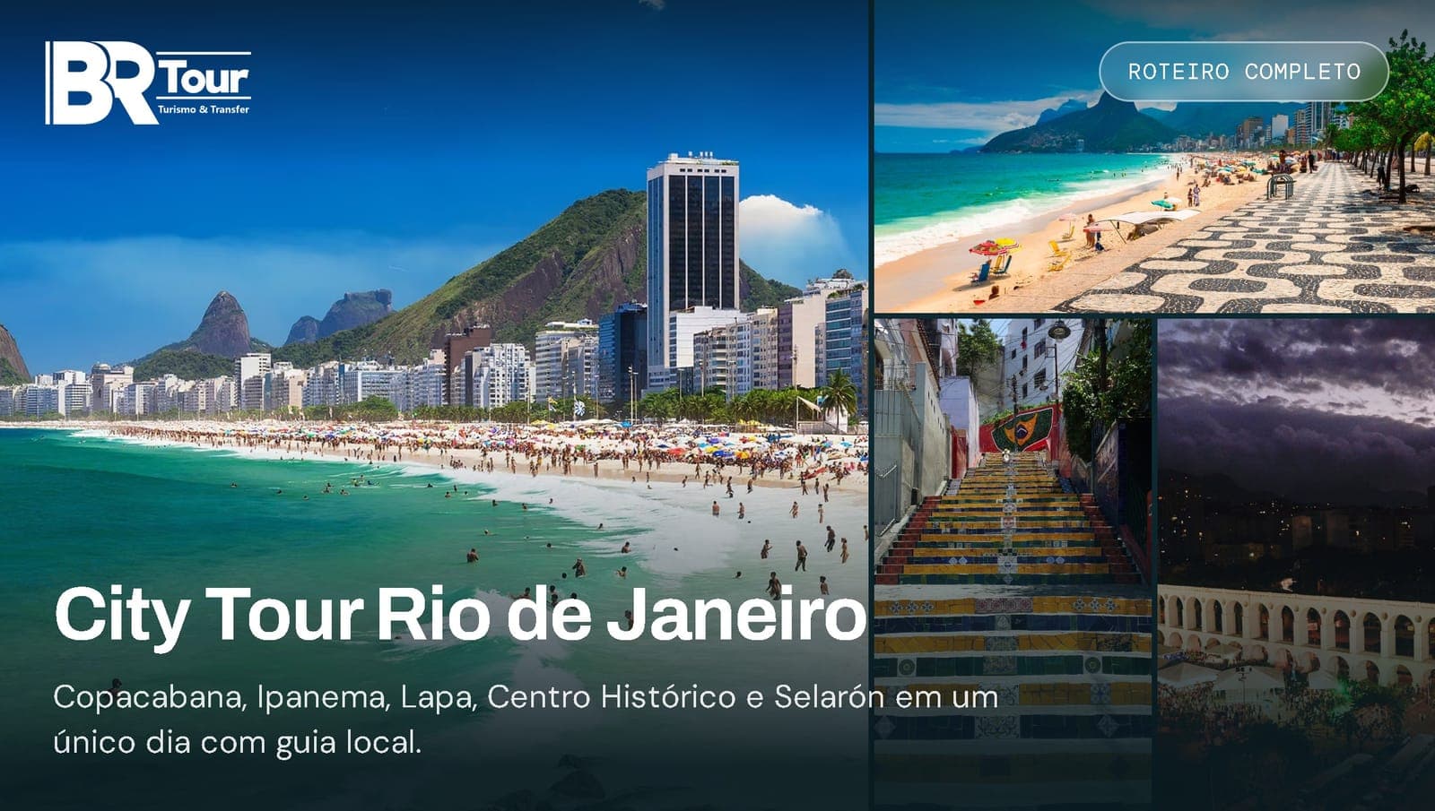 Colagem com Copacabana, Ipanema, Lapa, centro histórico e Escadaria Selarón