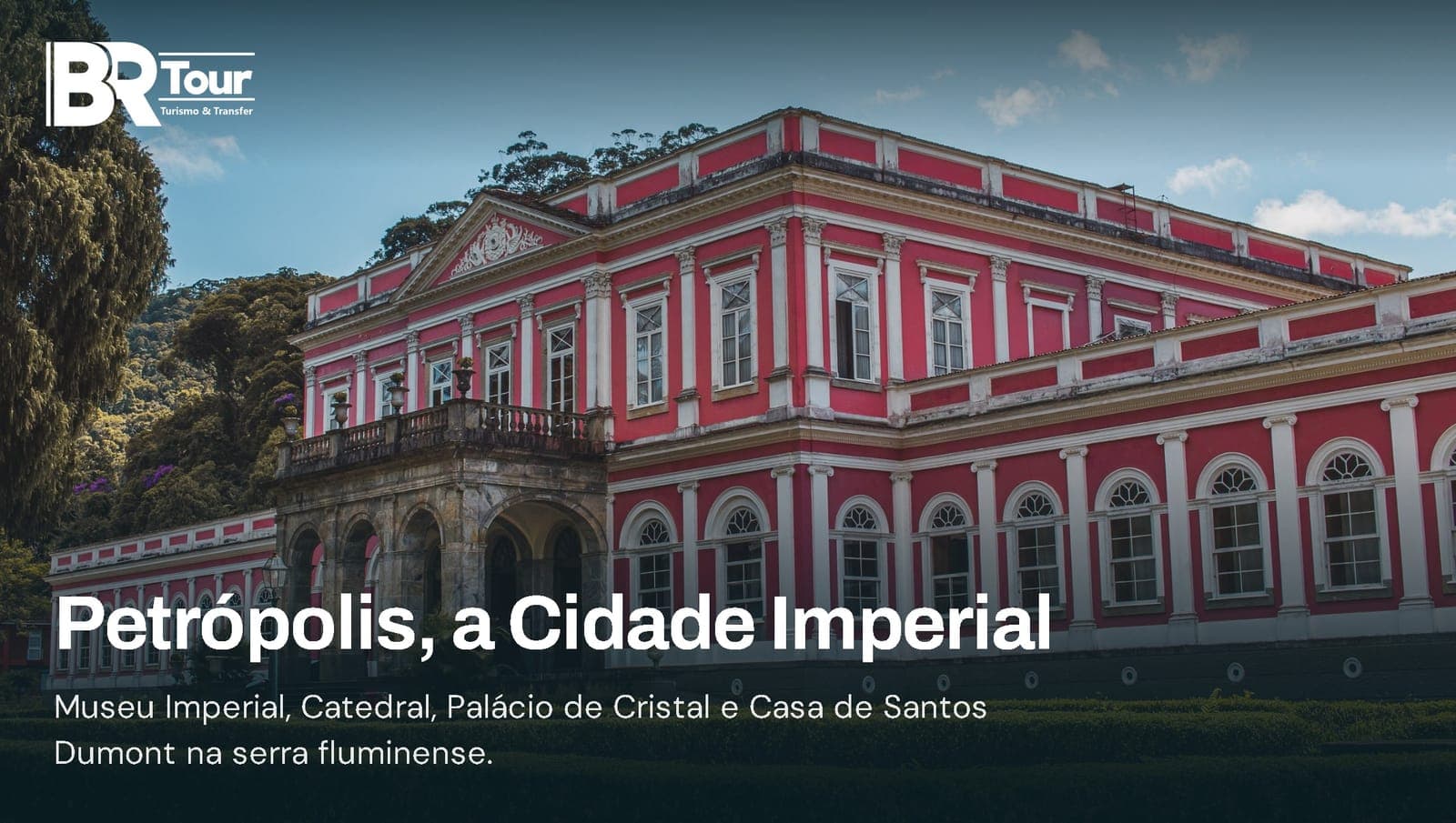 Colagem com o Museu Imperial, a Catedral, a Casa de Santos Dumont e o Palácio de Cristal em Petrópolis